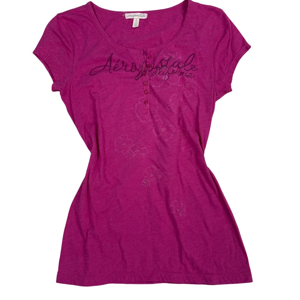 VTG Y2K Aeropostale California Henley Magenta Pink Floral Sparkle Sz L Fitted